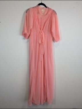 Vintage Texsheen Sheer Coral-Pink Tie Waist Layered Sleep Dress, Size M